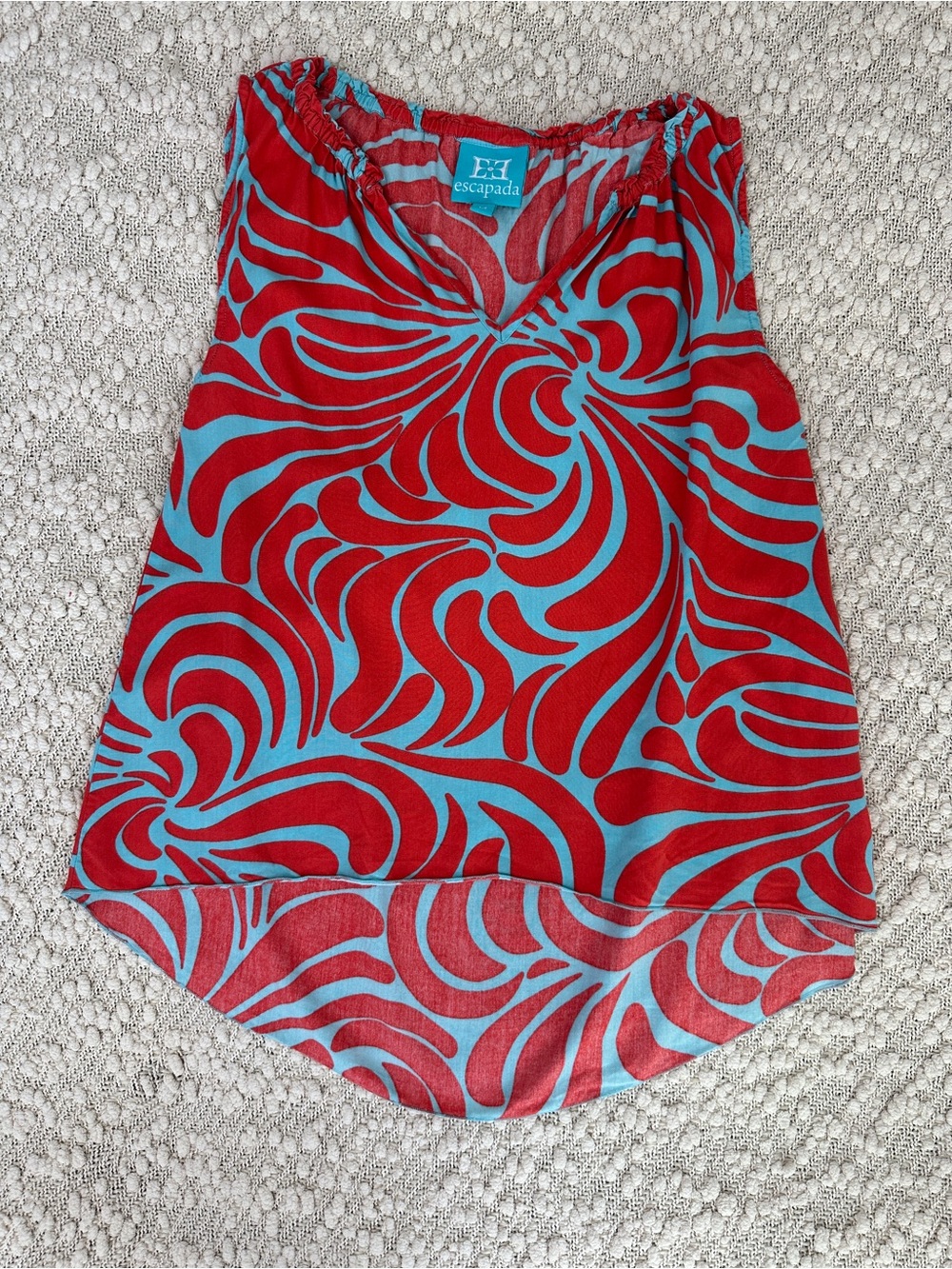 Escapada Womens Medium V-Neck Tank Top Coral Blue Abstract Print Rayon High Low